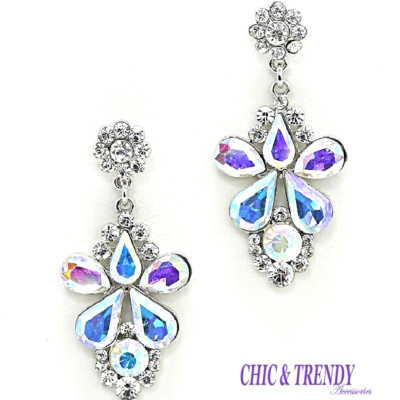 HIGH END AURORA BOREALIS GLASS CRYSTAL EARRINGS, PROM WEDDING FORMAL JEWELRY*