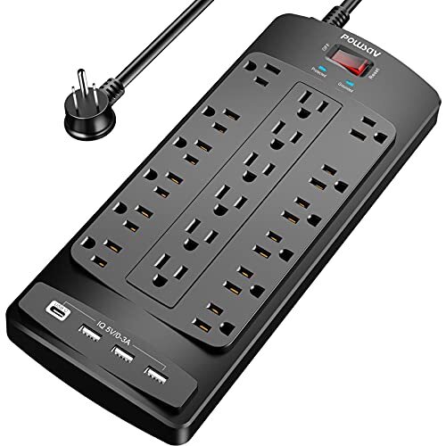 Power Strip with 8 Ft POWSAV Surge Protector with 18 Outlets and 4 USB Ports