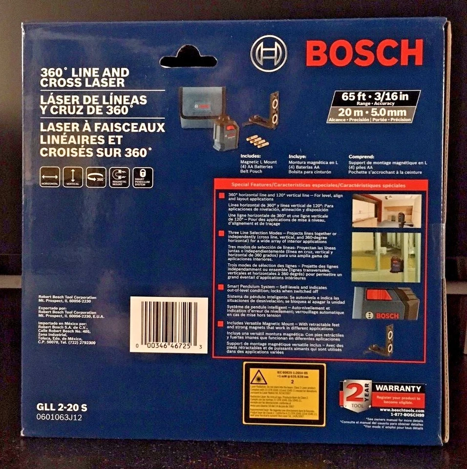 BOSCH 360 grados línea y láser cruzado 65 pies Range Accuracy GLL 2-20 S Nuevo Foto 2 de 4