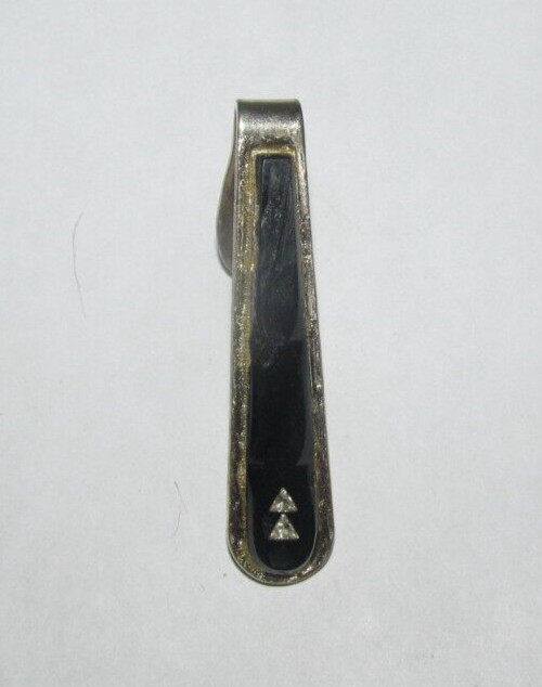 Vintage Retro Silver Diamond Triangle Inset Black Etchings Tie Clip Bar 1 3/4” L
