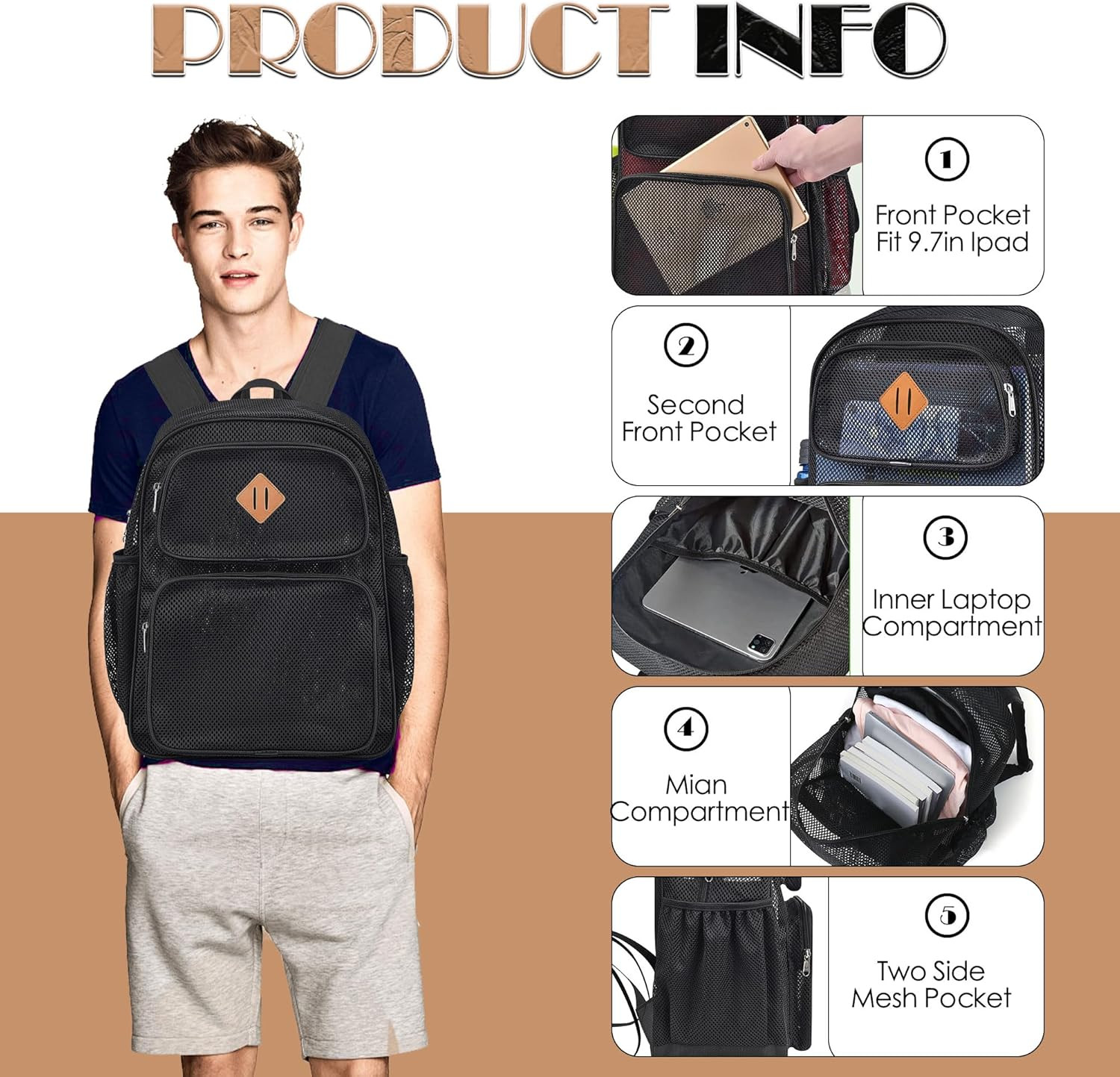 Mesh Backpack Heavy Duty See through Mesh Bookbag for Adults Boys Girls 27L 