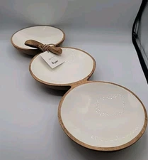 Mud Pie Triple Bowl Mango Wood Tray And Spoon E3 Circa House 20 x 6.5 Farmhouse