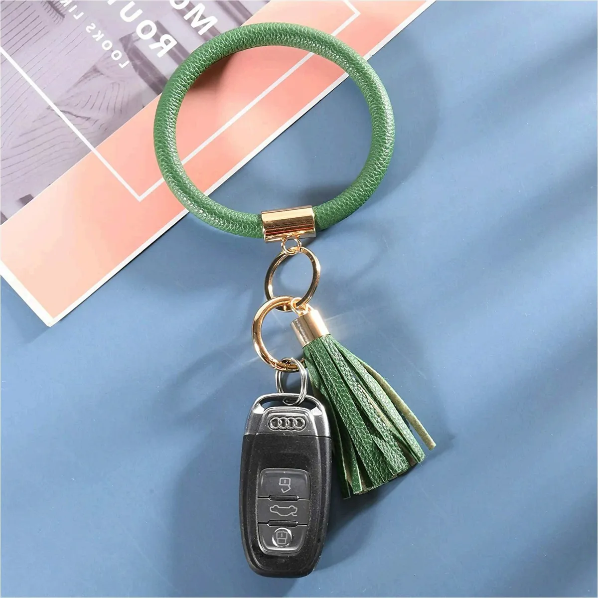 Coolcos Key Ring Bracelets Wristlet Keychain Bangle, Dark Green, Size  X-Large