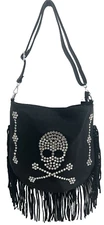 SKULL RHINESTONE & FRINGE SHOULDER BAG CHROME ACCENTS HANDBAG