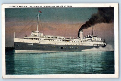 Duluth Minnesota MN Postcard Steamer Hamonic Leaving Superior Harbor Dusk c1920