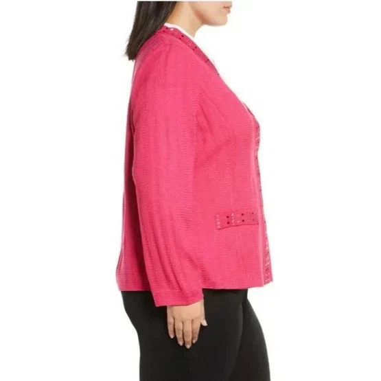 $390 Ming Wang Tailored Fit Embellished Detail Knit Jacket/Cardigan Pink, 2X - Image 2 of 4