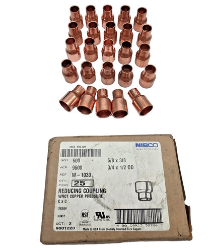 Box of 25 NIBCO W-1030 Reducing Couplings 3/4" x 1/2" OD Copper Fittings New