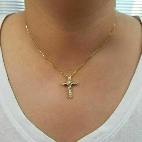 1Ct Round Cut Diamond Cross Lab Created Pendant Women's 14K Yellow Gold Finish - Image 2 of 4