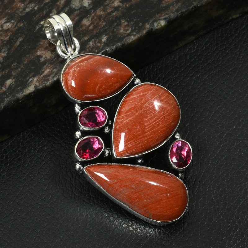 Red Rainbow Jasper Pink Topaz Gemstone Handmade Pendant Jewelry 2.8" AP-36657