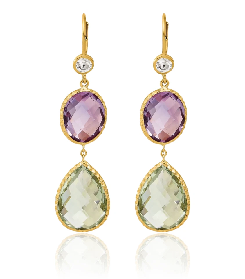 Pendientes colgantes de cuarzo rosa topacio oro macizo de dos tonos 14K Foto 2 de 4