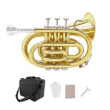 WUQIMUSC Bb Pocket Trumpet   Mini Brass Instrument for Beginners, Gold Golden