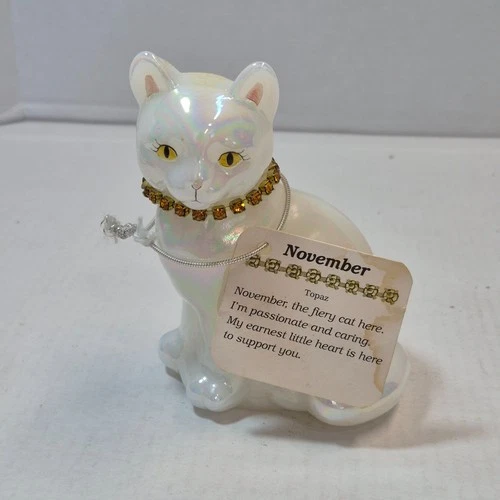 Vintage Fenton Iridescent Glass Cat Figurine 🐱 Rhinestone Collar Hand Painted