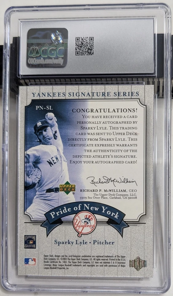 Sparky Lyle 2003 Upper Deck Yankees Signature Serie En Tarjeta Automática CGC Gema Como Nueva 10 Foto 4 de 4