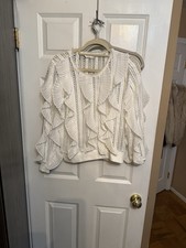 White Lace Ruffle Long Sleeve Sheer Crew Neck Women's Blouse, Polyester