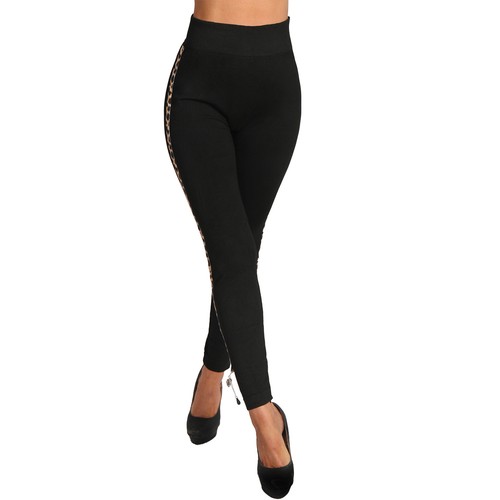 Leggings Hose Leo Leopard Streifen High Waist Zier Anhänger Jeggings Gold - Picture 4 of 17