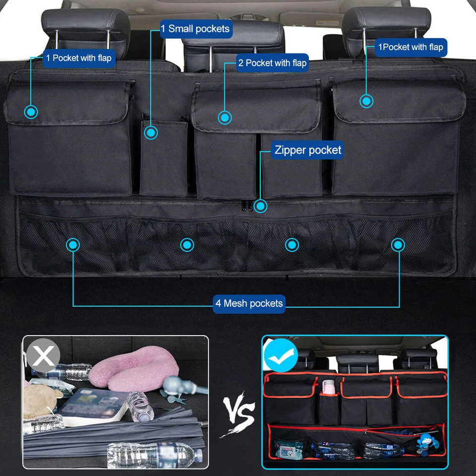 Organizador de red de carga para automóvil negro de 9 bolsillos para colgar asiento trasero almacenamiento bolsas organizadoras Foto 2 de 4