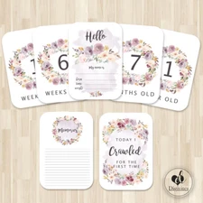 Baby Girl Milestone Cards, Floral Boho Photo props, Pink, 40 cards, 300gsm
