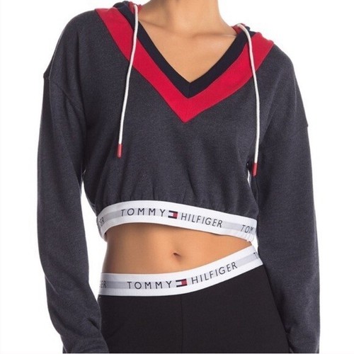Mujer Tommy Hilfiger Retro Recortado Salón Sudadera con Capucha Talla Pequeña Sudadera Cuello en V NUEVO - Imagen 3 de 11