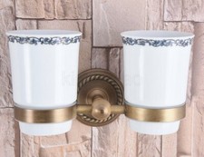 Antique Brass Wall Mounted Bathroom Toothbrush Holder With Double Ceramics Cups