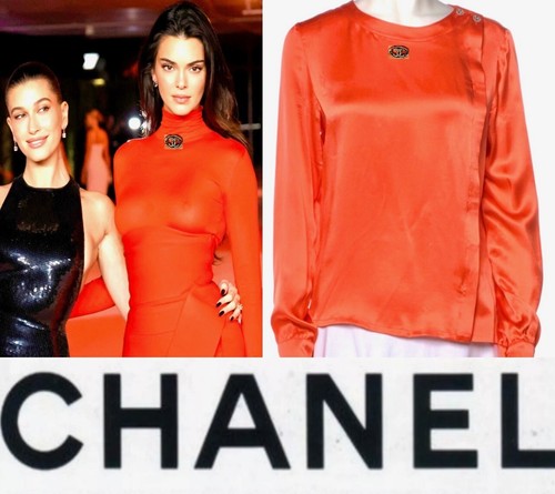 4K Chanel 2018 Orange Crystal CC Logo Top 34 36 38 2 4 6 Blouse Shirt Jacket M S - Picture 3 of 23