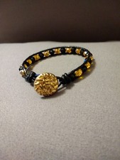 Beaded Leather Wrap Bracelet, Handmade With Black  Gold Crystal Beads