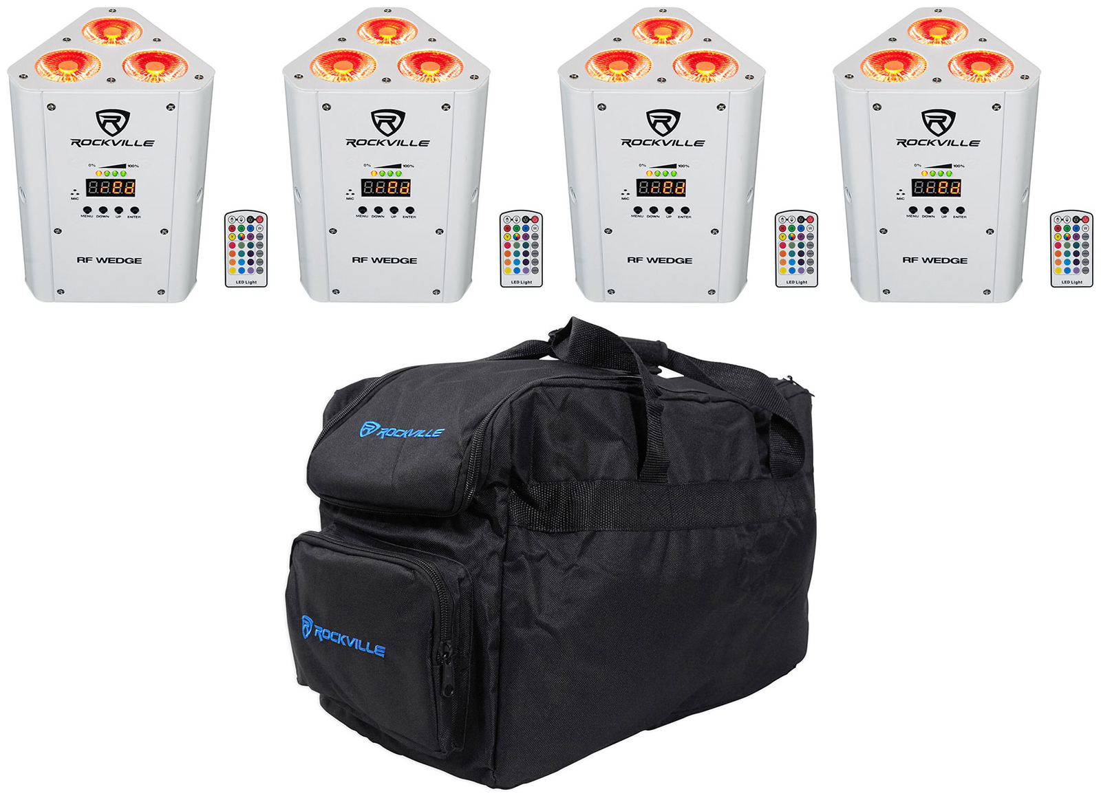 (4) Rockville RF WEDGE WHITE RGBWA + УФ-батарея, Беспроводные светильники DMX Up + пульты дистанционного управления + сумка