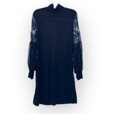 short a-line dress lace bishop sleeves black womens size medium  new without tag