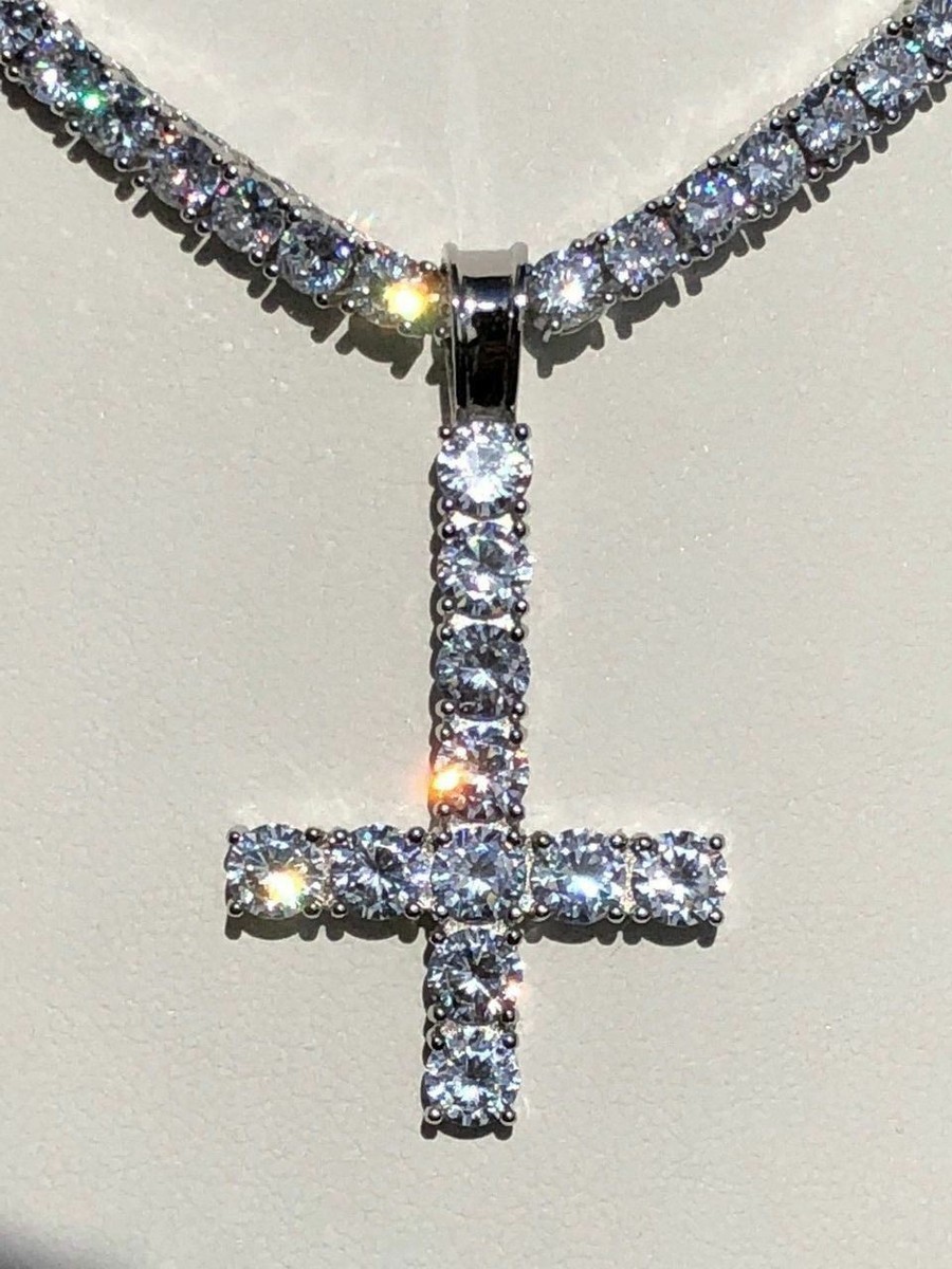 Inverted Cross Upside Down Real Solid 925 Sterling Silver Tennis Chain CZ