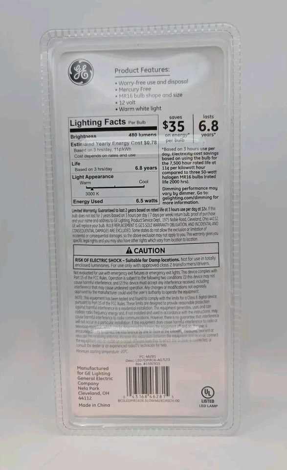 1 Pk Of 3 - GE Basic LED MR16 (50W REPLACEMENT) 6.5W Light Bulbs Dimmable 46281 - Image 2 of 4