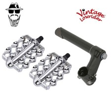 Vtg Lowrider Stem 2-Screw 21.1 Black Pedals Double Flat Twisted 1/2" Chrome