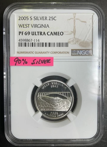 NGC PR69 2005-S West Virginia State Quarter Silver Blast White GEM BU PQ 25c 10