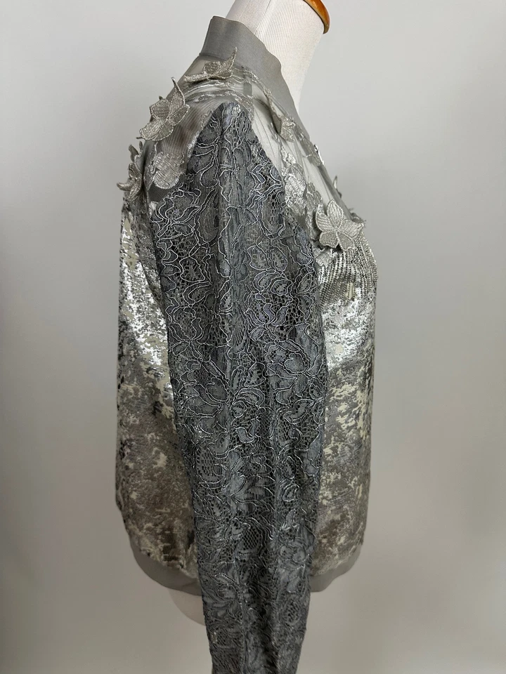 TAHARI silver gray embellished Fatima full zip bomber jacket Women's M - Image 4 of 4