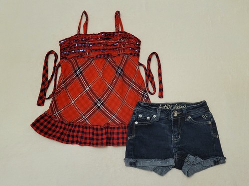 Justice Top & Slim Shorts Girls 8S & 8 Lot Red Navy Blue Plaid Sequin Babydoll