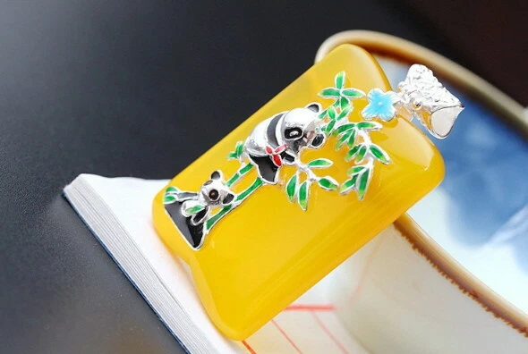D10 Rimorchio Panda Orsetti Su Gialla Calcedonio 925 Argento Sterling - Immagine 2 di 4