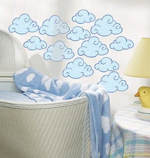 WALLIES PUFFY CLOUDS  wall stickers 25 prepasted decals blue swirly sky decor