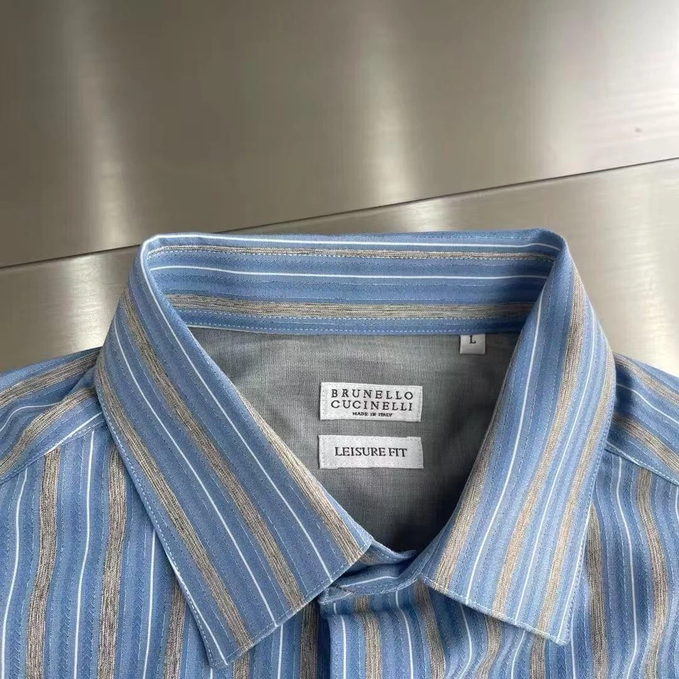 Camisa Brunello Cucinelli Para Hombre Informal Rayas Verticales Manga Larga Azul Foto 3 de 4