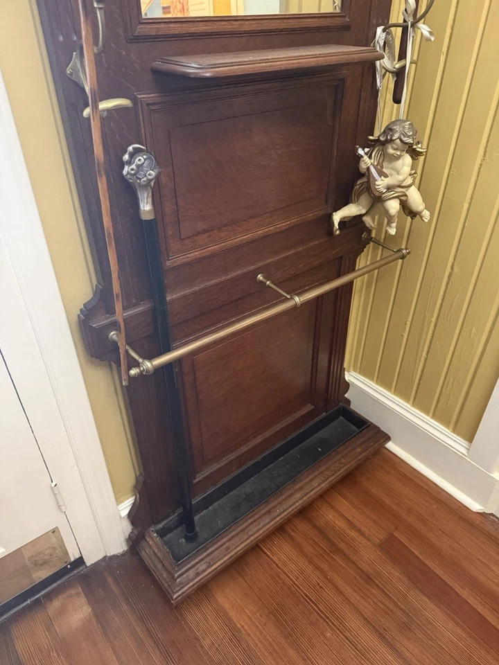 Antique Victorian Tiger Oak Hall Tree W/ Cast Iron Umbrella Holder - Image 3 of 3