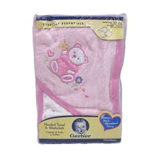 Vintage Gerber Hooded Bath Towel  Washcloth Set Baby Gift Pink Bear Flowers