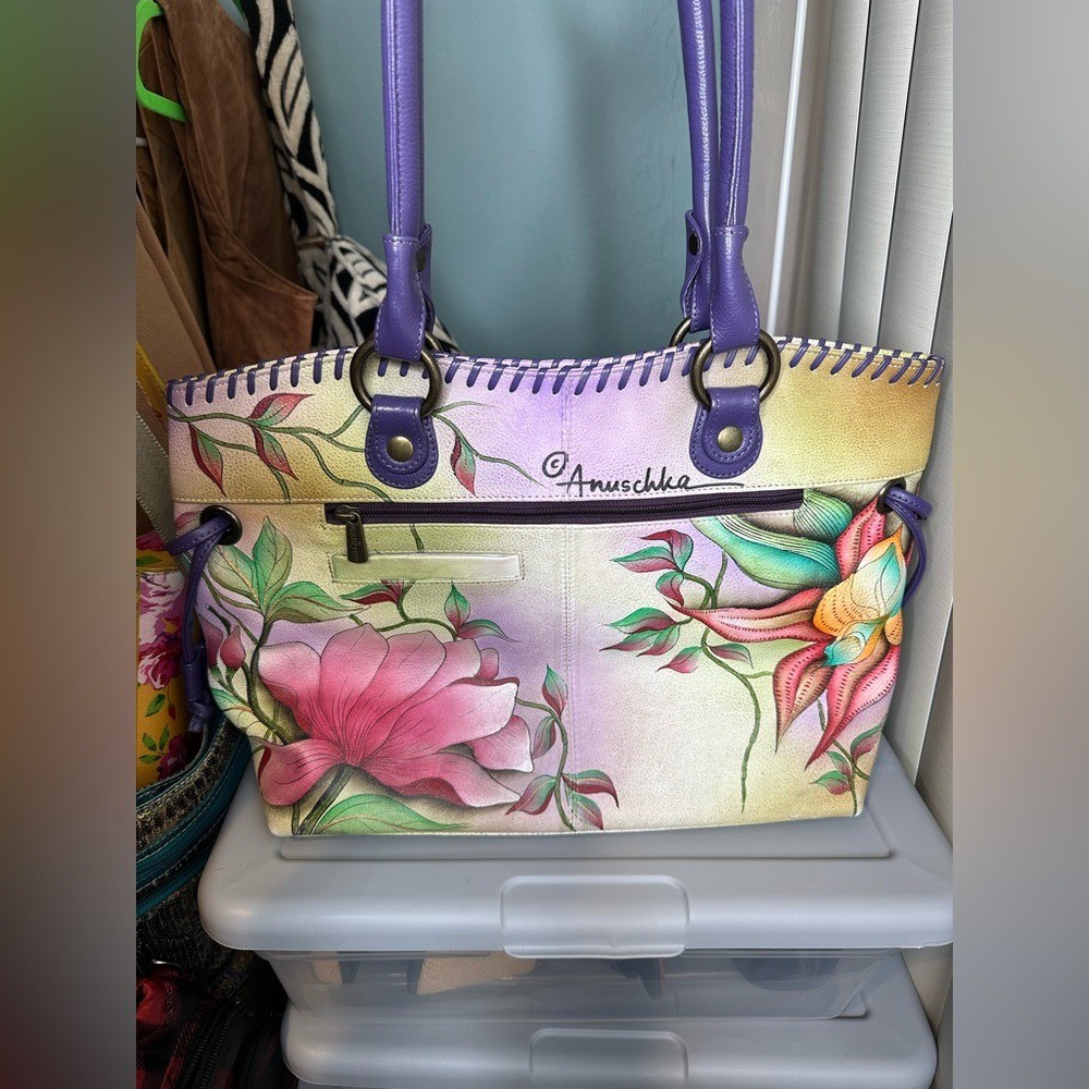 Anuschka Hand Painted Genuine Leather Featuring Hummingbird Floral Tote Bag.