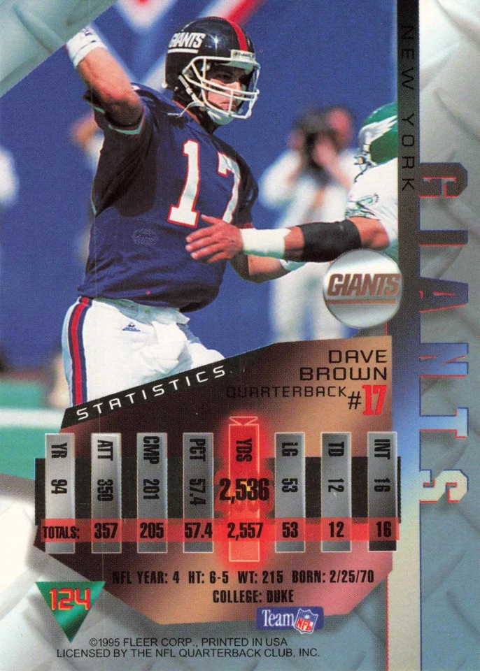 Dave Brown 1995 Fleer Metal #124 New York Giants Football - Image 2 of 2