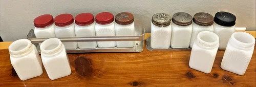 Vintage Milk Glass Spice Jars Set of 13 W/Red Metal Lids & 2 RacksTip City USA