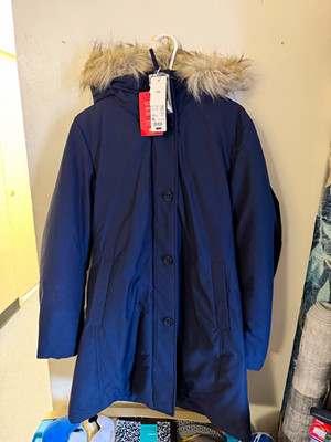 Uniqlo Ultra Warm Down Women s XL Navy Long Parka Hooded Faux Fur Trim