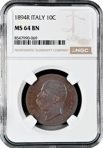 Italy 10 centesimi 1894 R, NGC MS64 BN, "King Umberto I (1878 - 1900)"