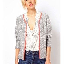 Asos Gray Marled Knit Open Blazer Jacket Cardigan Neon Orange Trim Career Size 8