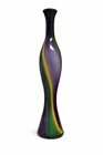 Vintage Tall Art Glass Vase Purple Green Yellow Swirl Murano Style Mid Century