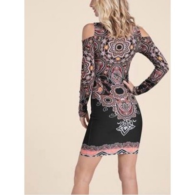 VENUS Cold-Shoulder Paisley Bodycon mini Dress in Black and Pink