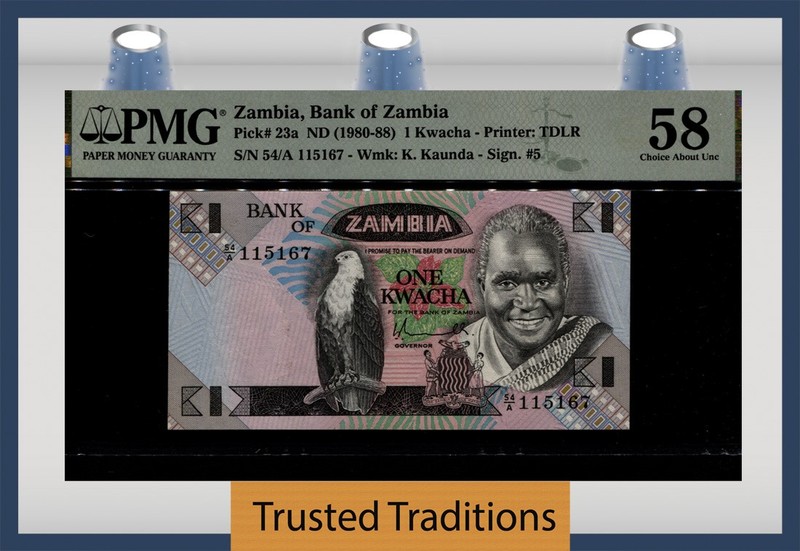 TT PK 23a ND 1980-88 ZAMBIA 1 KWACHA PRESIDENT K. KAUNDA PMG 58 CHOICE ABOUT UNC