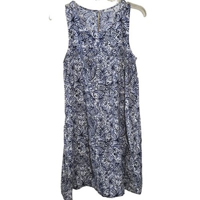 Sigrid Olsen Floral Paisley Print Linen Sun Dress Pockets Blue White Size Small