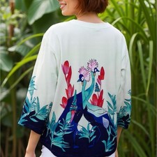 Chico's Jacket Women's Size 4 2X Open Colorful Crowned Crane Satin Sky NWT