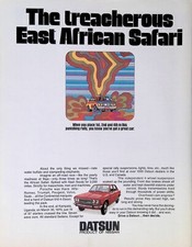 2 Vintage Print Ads 1971 Datsun Nissan Baja Race African Safari Kampala Uganda